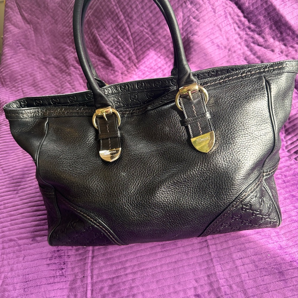 Gucci Black Leather Shoulder Bag with Gold Buckles.  In great shape.